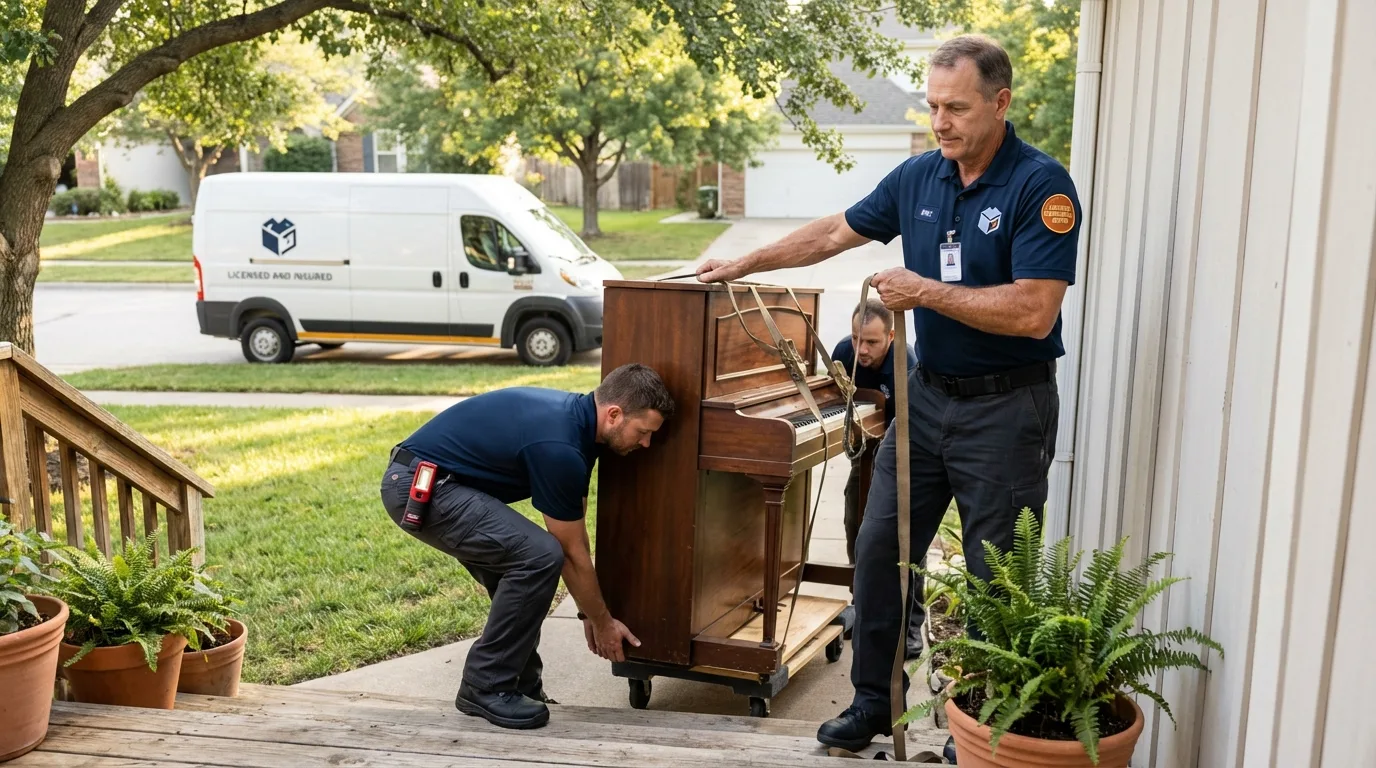 Licensed piano movers securing grand piano in Williamsburg, PA
