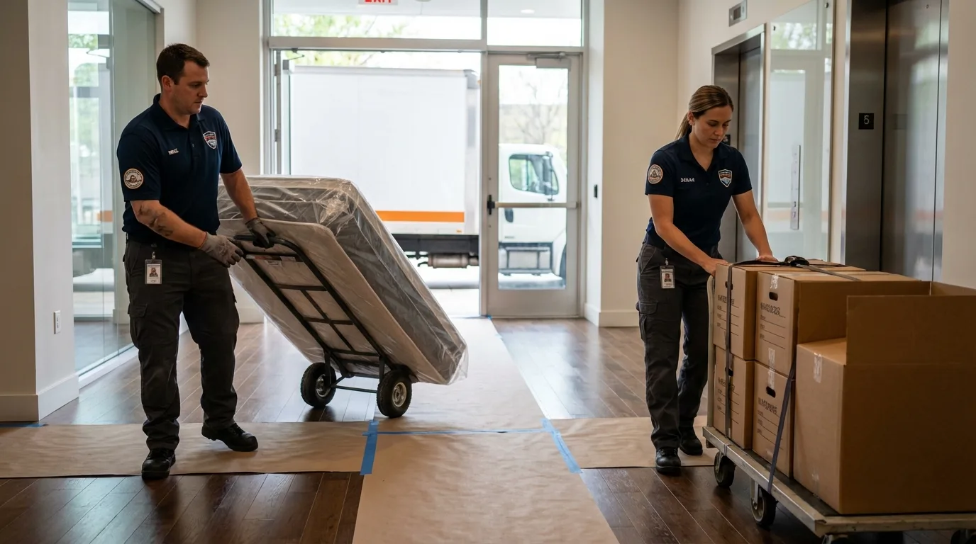 Professional apartment movers loading elevator in Williamsburg, PA